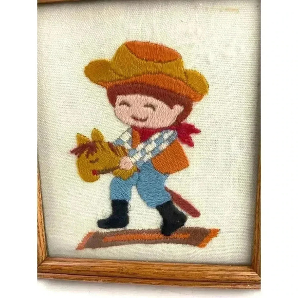 VTG 70's Little Boy Playing Crewel Embroidered Framed Wall Art 7"x 8" Western - Picture 6 of 8